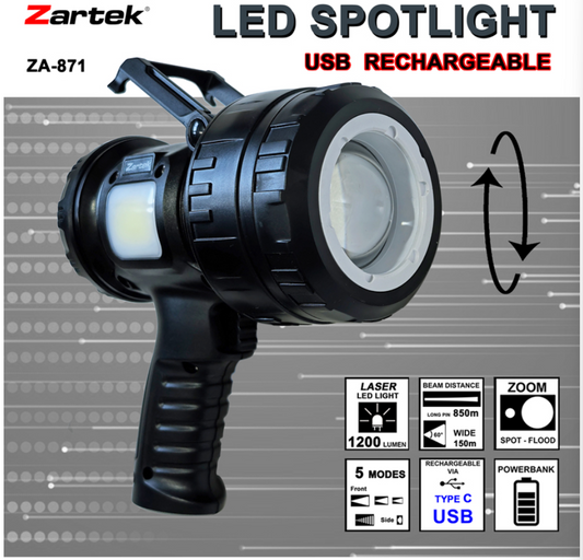 Zartek ZA-871 Rechargeable Laser LED Spotlight – 1200 Lumen, 850m Beam, Powerbank