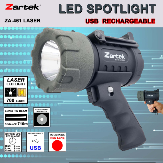 Zartek ZA-461 Laser LED Spotlight – 700 Lumen, 710m Beam, Rechargeable