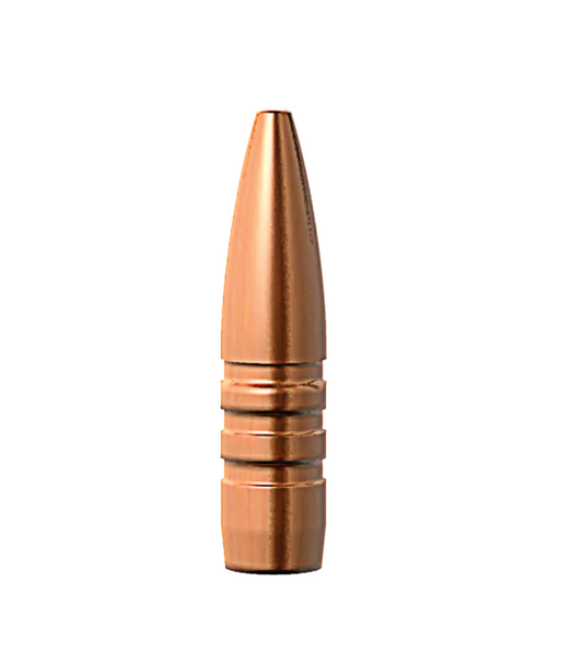 Copper-colored metal tip on a white background barnes bullet head 243 CAL