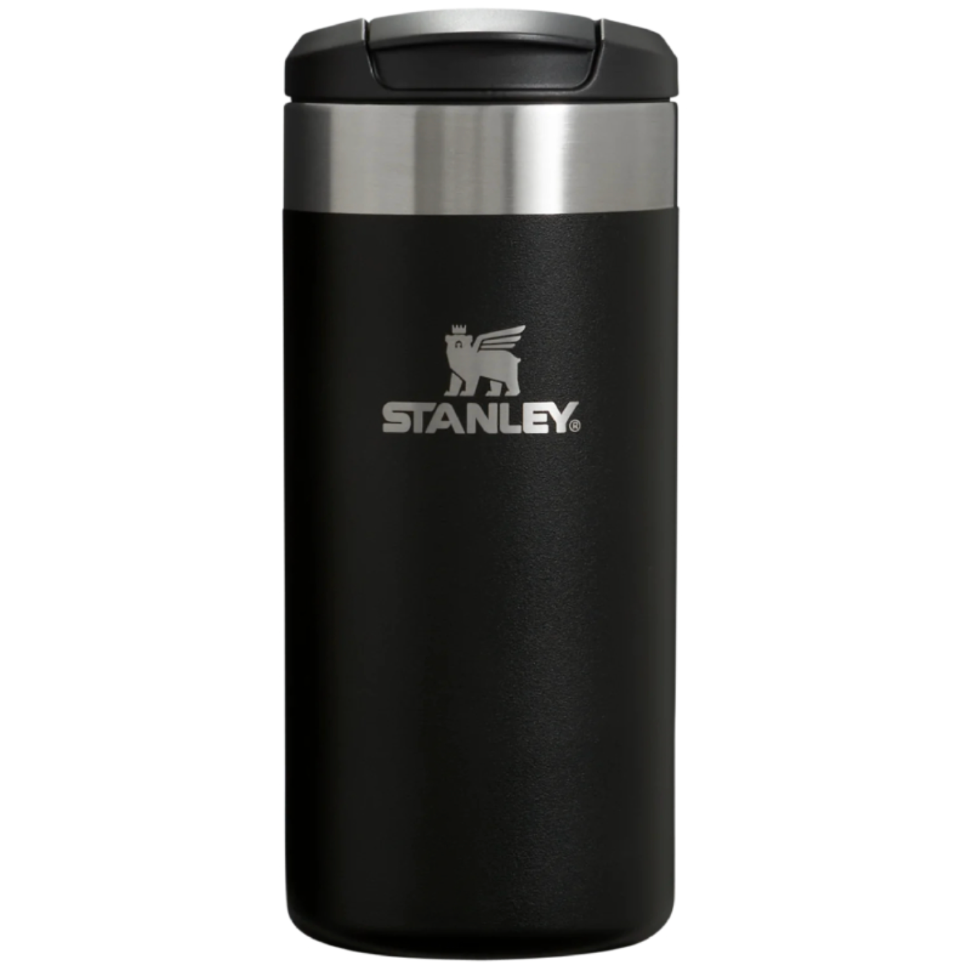 Stanley travel tumbler in matte black with a brushed stainless steel band and a black lid, featuring the silver Stanley logo on the front, set against a plain white background.