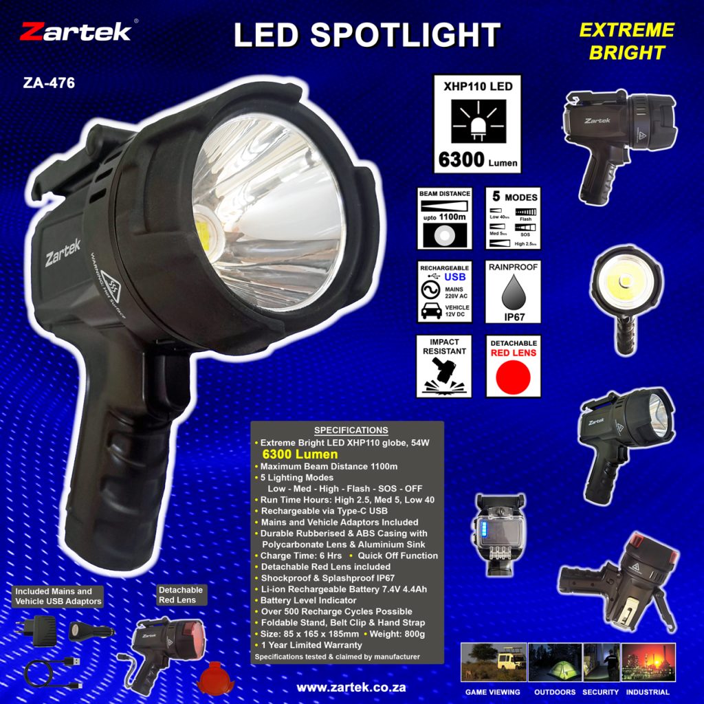 Zartek ZA-476 Rechargeable LED Spotlight – 6300 Lumen, 1100m Beam
