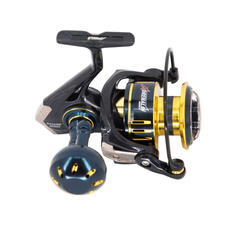 Adrenalin Swage 8000 heavy-duty saltwater spinning reel with aluminium body and long-cast spool