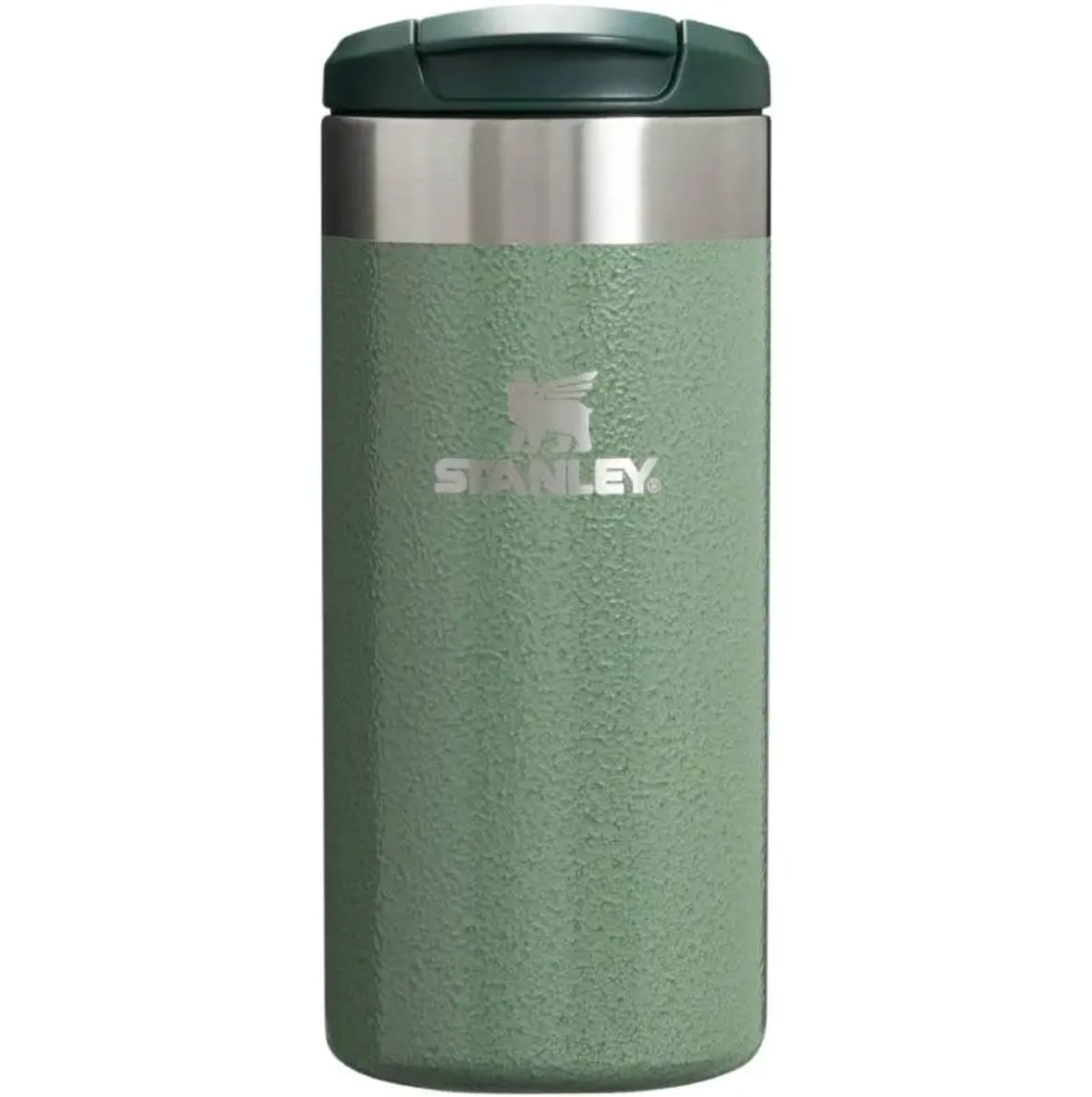 A Stanley travel tumbler in sage green with a textured finish, a silver stainless steel band, and a dark green lid, shown on a plain white background.