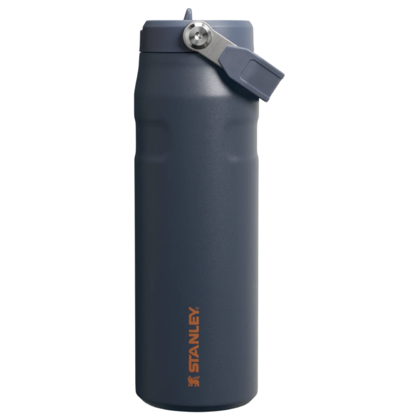A dark slate blue Stanley water bottle with a matching lid and carry loop, featuring the orange Stanley logo near the bottom, set against a plain white background.