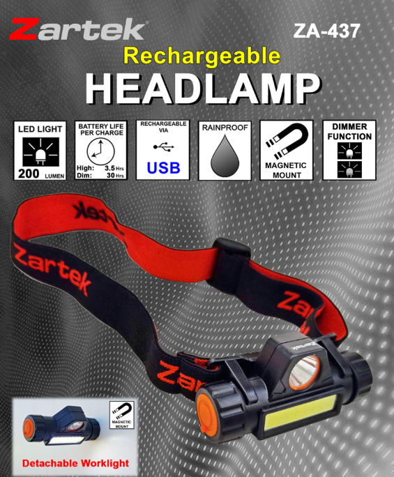 Zartek ZA-437 Rechargeable LED Headlamp – 200 Lumen, Magnetic Worklight