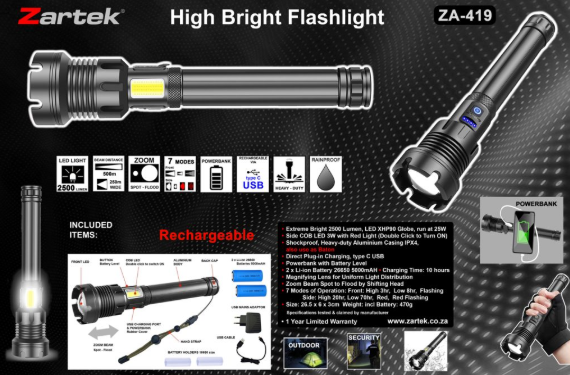 Zartek ZA-419 Rechargeable LED Flashlight – 2500 Lumen