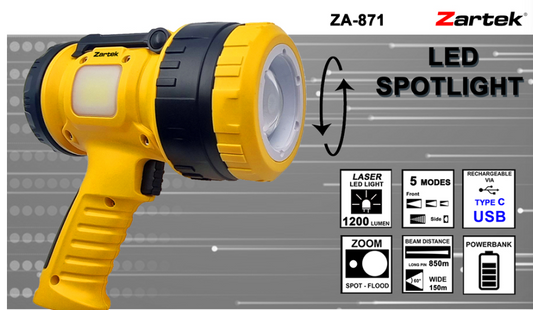 Zartek ZA-871 Rechargeable Laser LED Spotlight – 1200 Lumen, 850m Beam, Powerbank