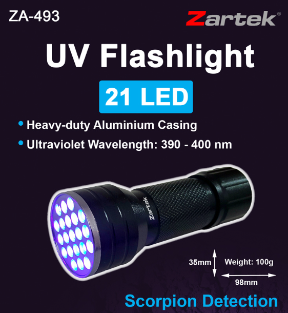 Zartek ZA-493 UV Flashlight – 21 LED, 390–400nm, Scorpion Detection