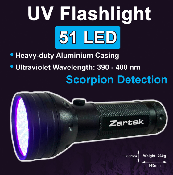 Zartek ZA-495 UV Flashlight – 51 LED, 390–400nm, Scorpion Detection