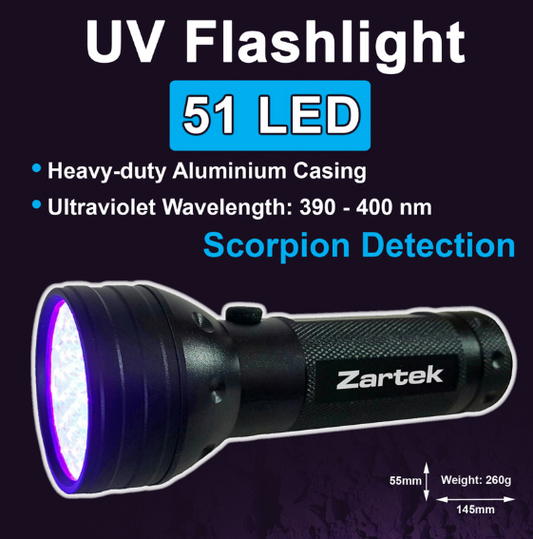 Zartek ZA-495 UV Flashlight – 51 LED, 390–400nm, Scorpion Detection