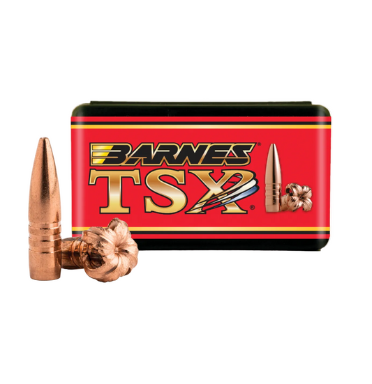 Barnes TSX bullet packaging with bullets on a white background