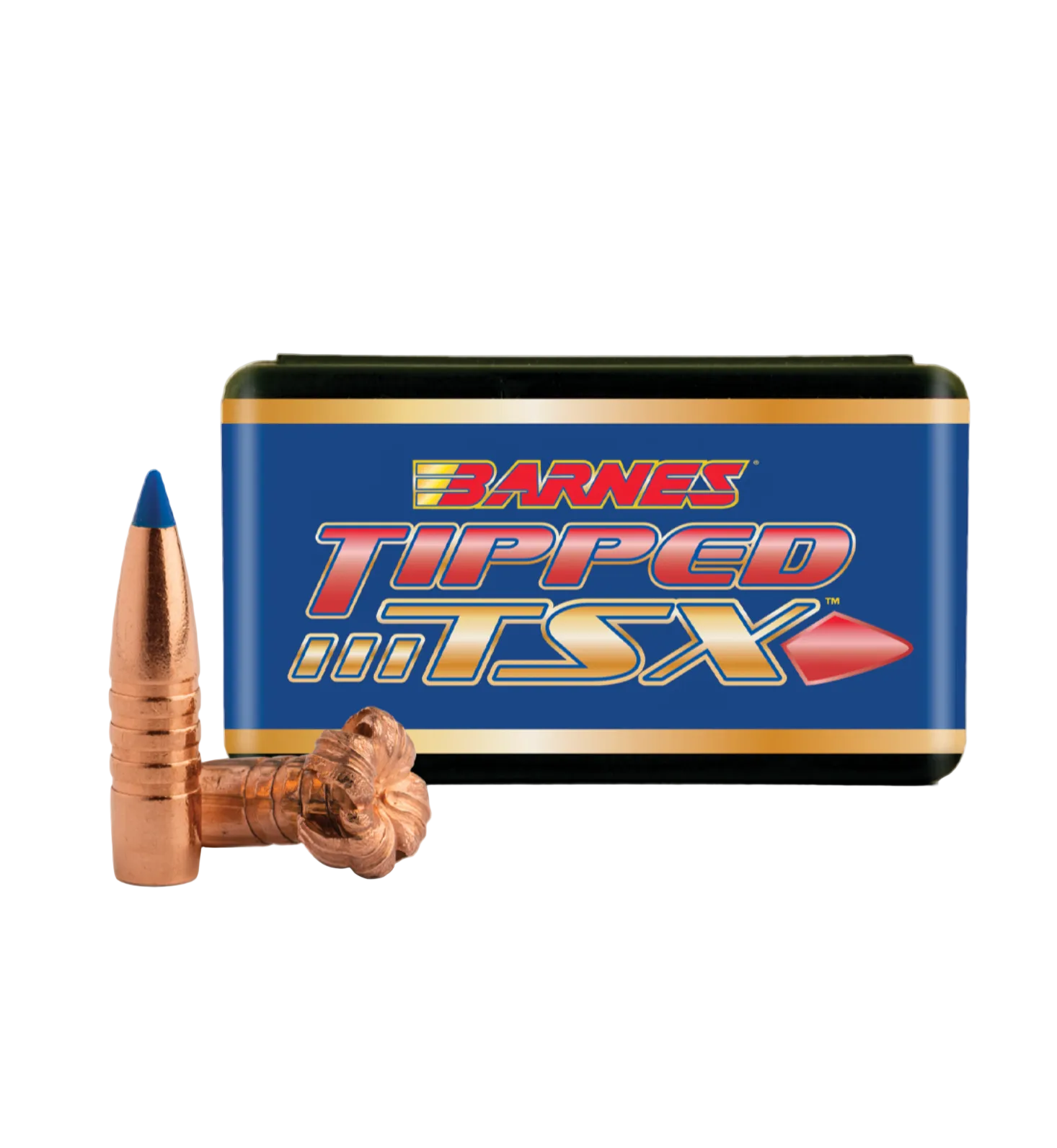Barnes Tipped TSX ammunition with a blue bullet on a white background