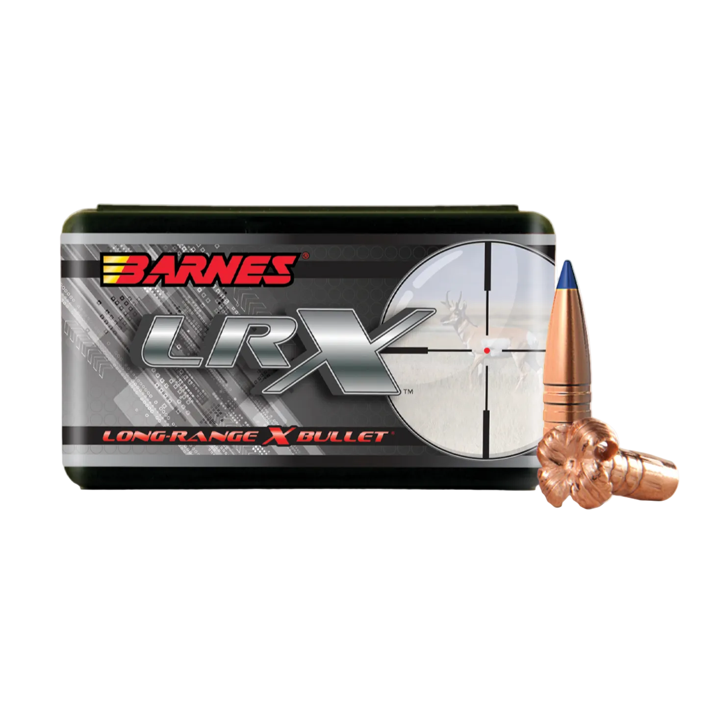Barnes LRX long-range X bullet packaging with a bullet displayed on a white background