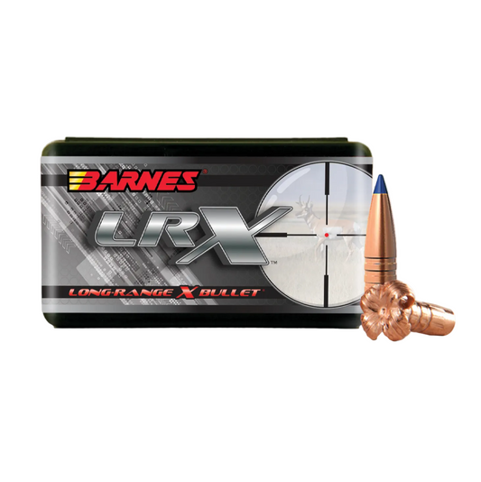 Barnes LRX long-range X bullet packaging with a bullet displayed on a white background