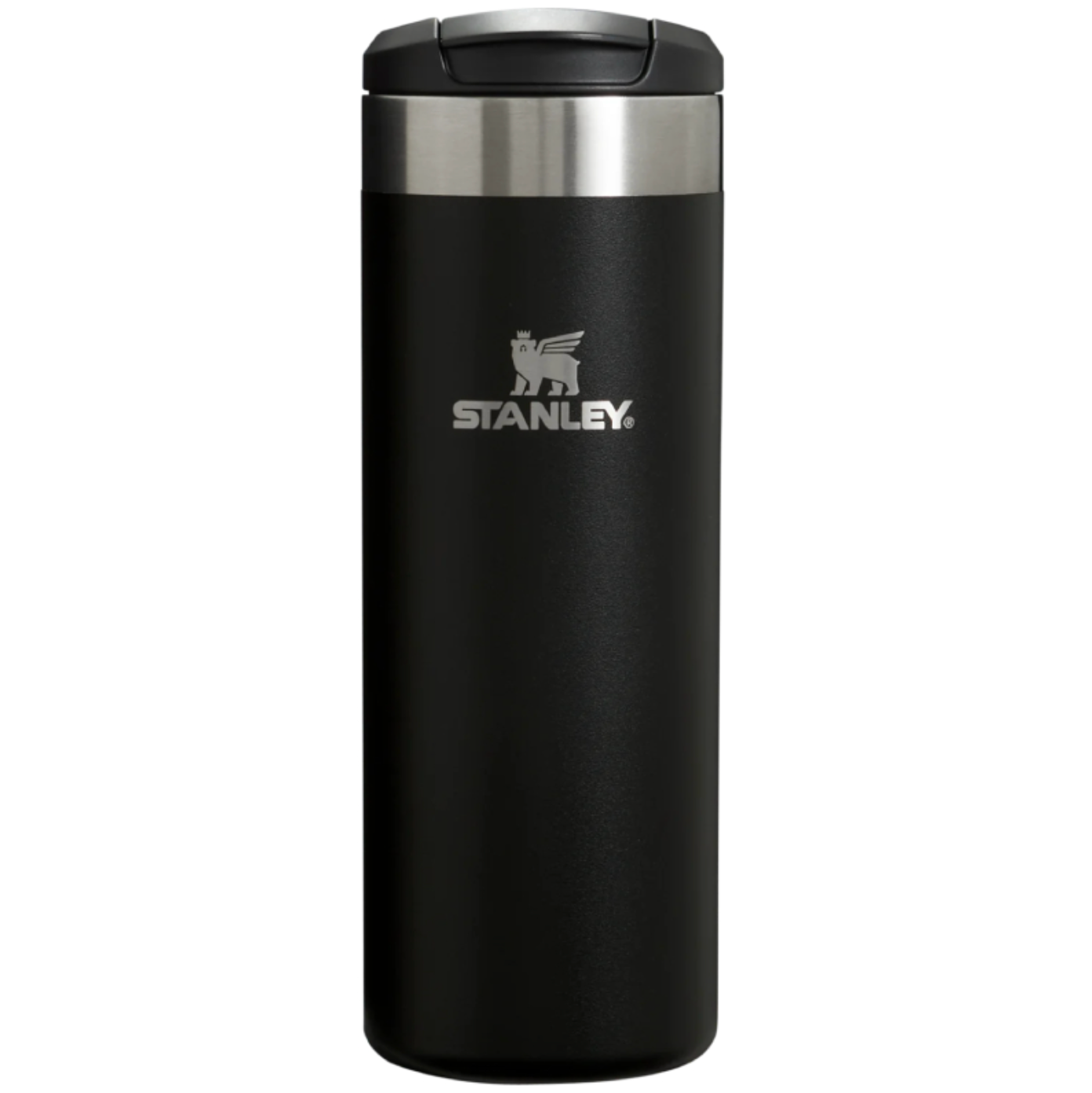 A black Stanley travel tumbler with a stainless steel band and a silver logo on the front, shown against a plain white background.