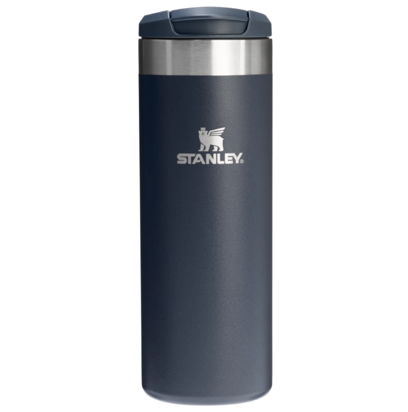 A dark slate blue Stanley travel tumbler with a stainless steel band and a matching lid, featuring the white Stanley logo on the front, set against a plain white background.
