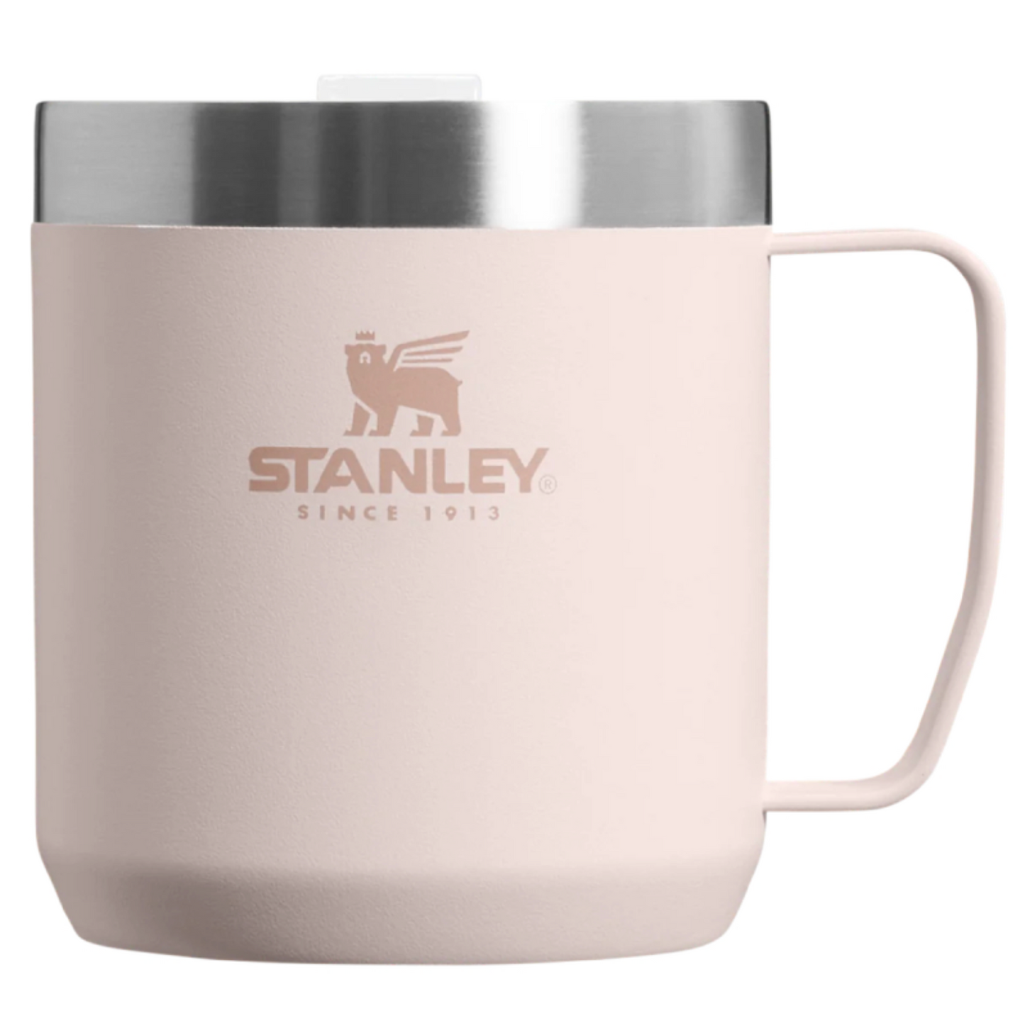 A pale pink Stanley mug with a stainless steel lid and a matching pink handle, featuring the Stanley logo printed on the front.