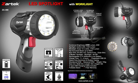 Zartek ZA-468 Rechargeable LED Spotlight – 2200 Lumen