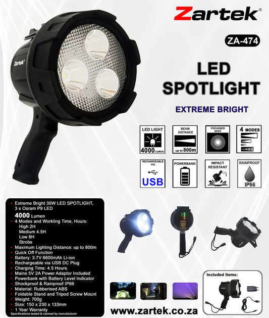 Zartek ZA-474 Rechargeable LED Spotlight – 4000 Lumen, 800m Beam, Powerbank