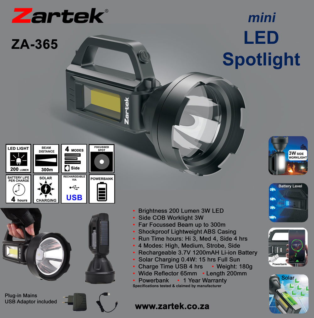 Zartek ZA-365 Rechargeable Mini LED Spotlight – 200 Lumen, Solar, Powerbank