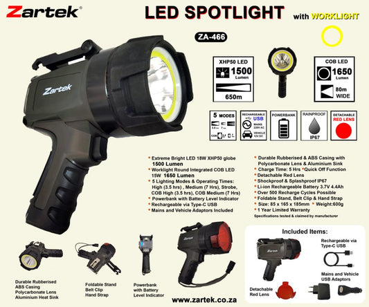 Zartek ZA-466 Rechargeable LED Spotlight – 1500 Lumen