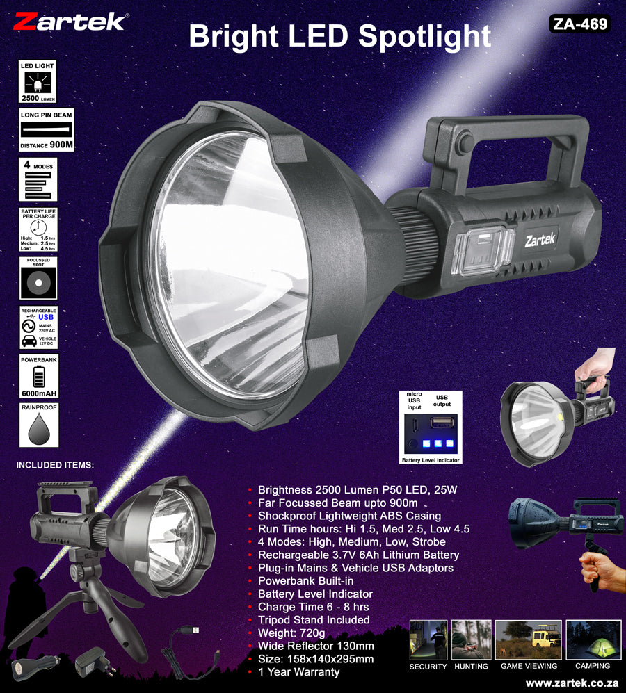 Zartek Rechargeable LED Spotlight – 2500 Lumen, 900m Beam, Tripod, Powerbank