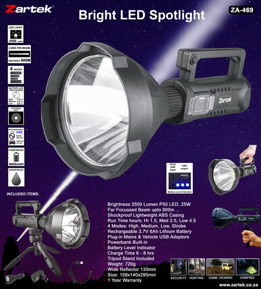 Zartek Rechargeable LED Spotlight – 2500 Lumen, 900m Beam, Tripod, Powerbank