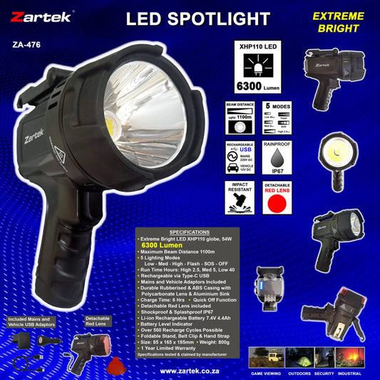 Zartek ZA-476 Rechargeable LED Spotlight – 6300 Lumen, 1100m Beam