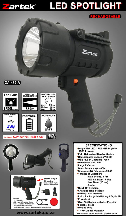 Zartek Rechargeable LED Spotlight – 1500 Lumen, 650m Beam