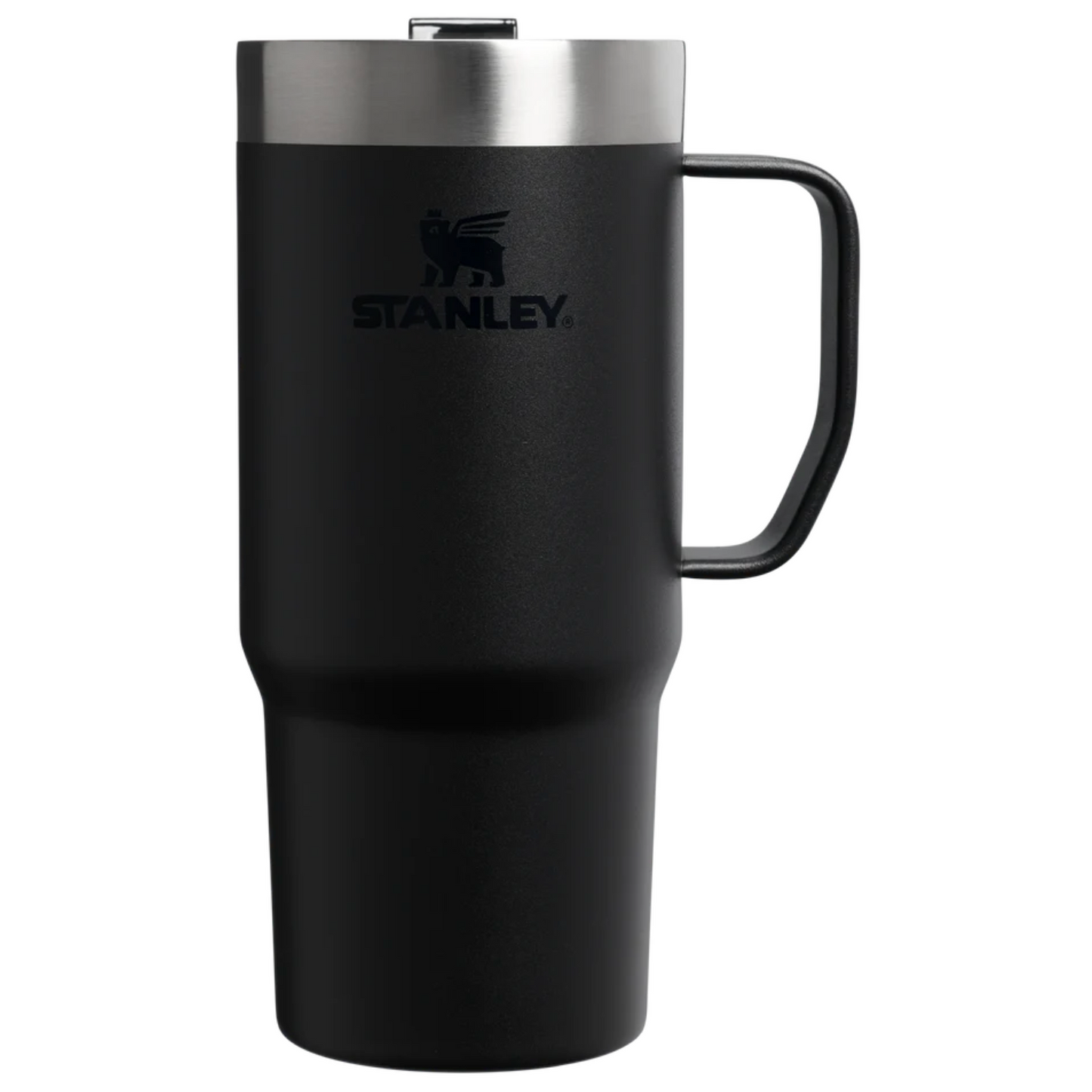 A black Stanley travel mug with a stainless steel lid and a black handle, shown on a plain white background.