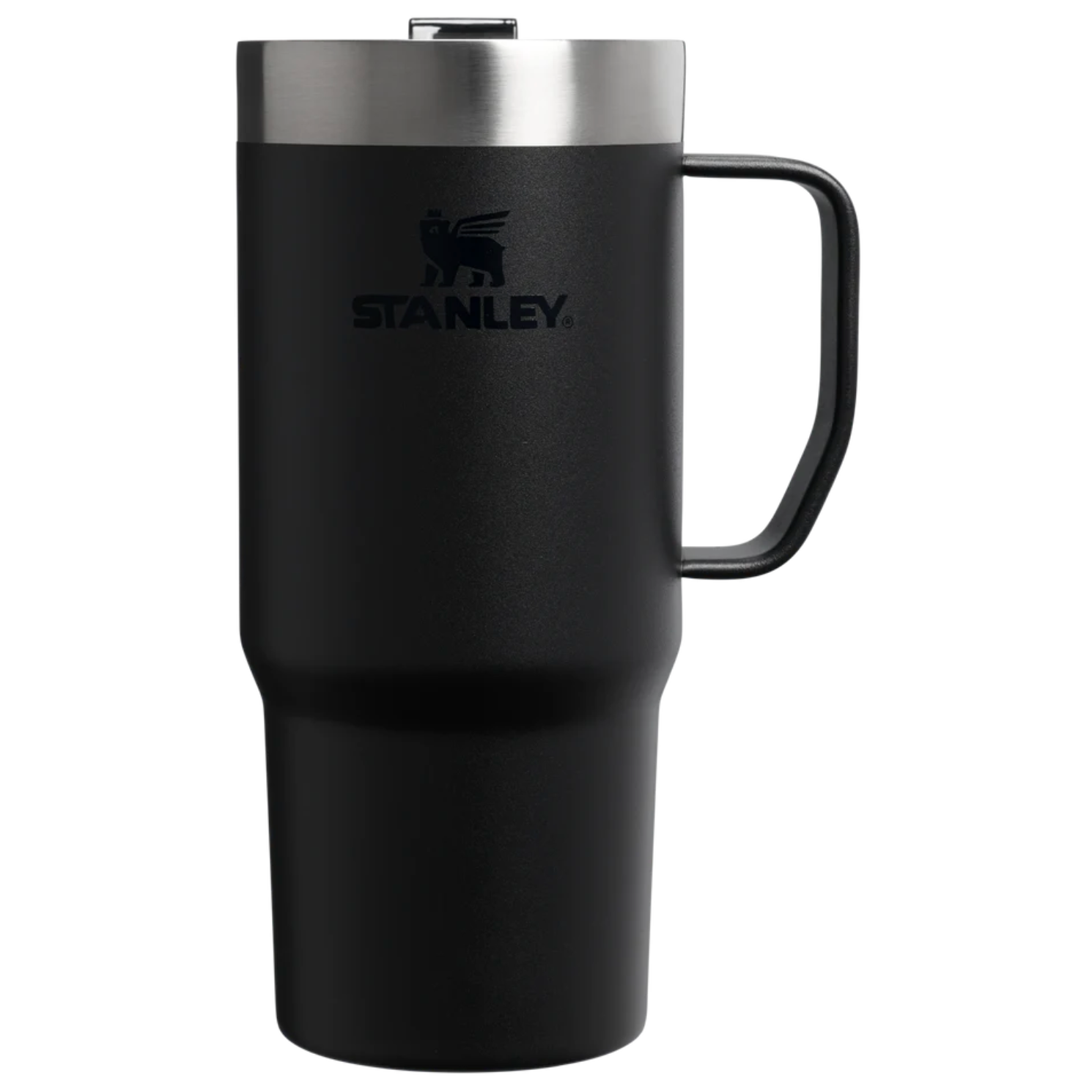 A black Stanley travel mug with a stainless steel lid and a black handle, shown on a plain white background.