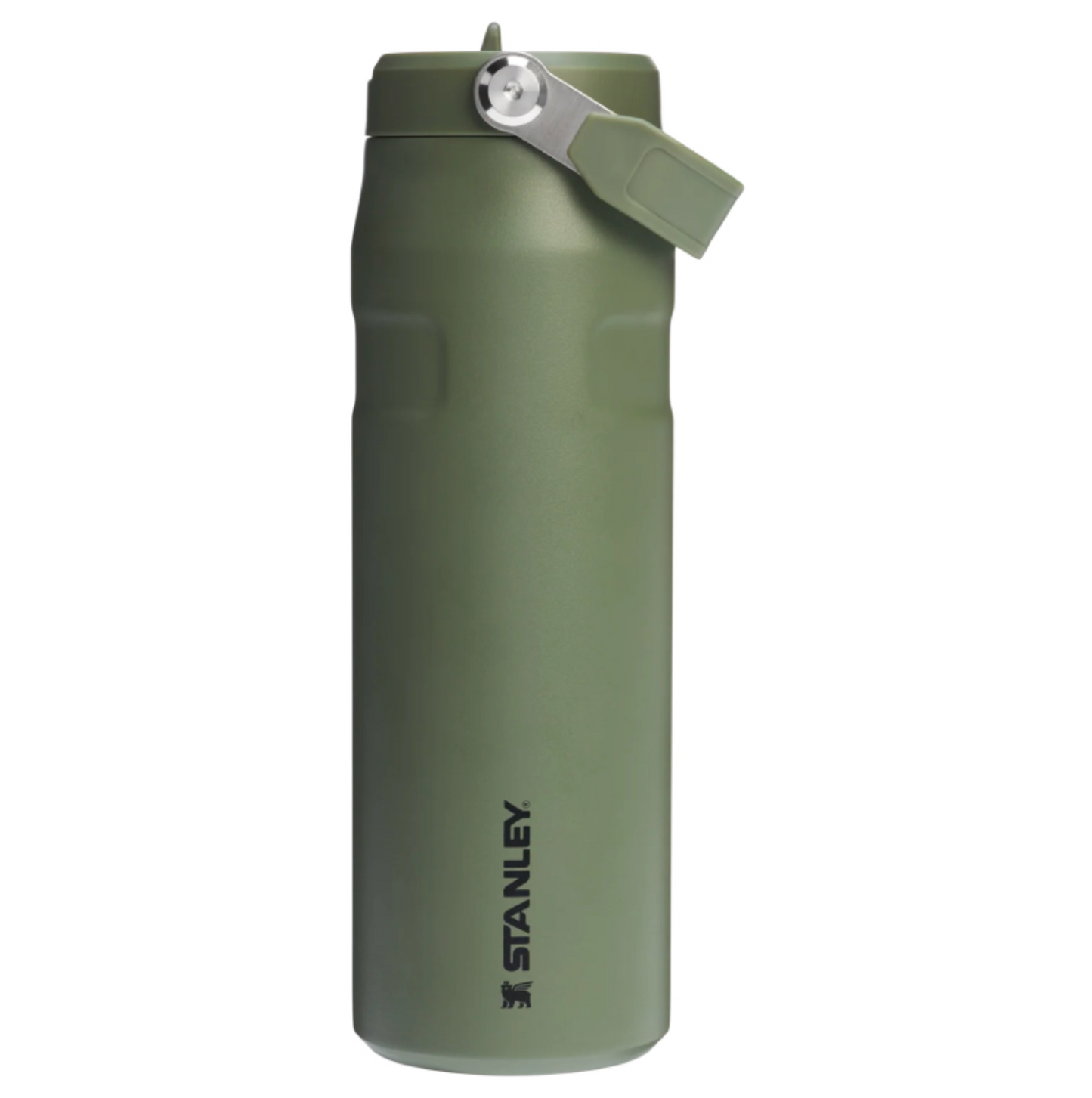 Green Stanley water bottle on a white background