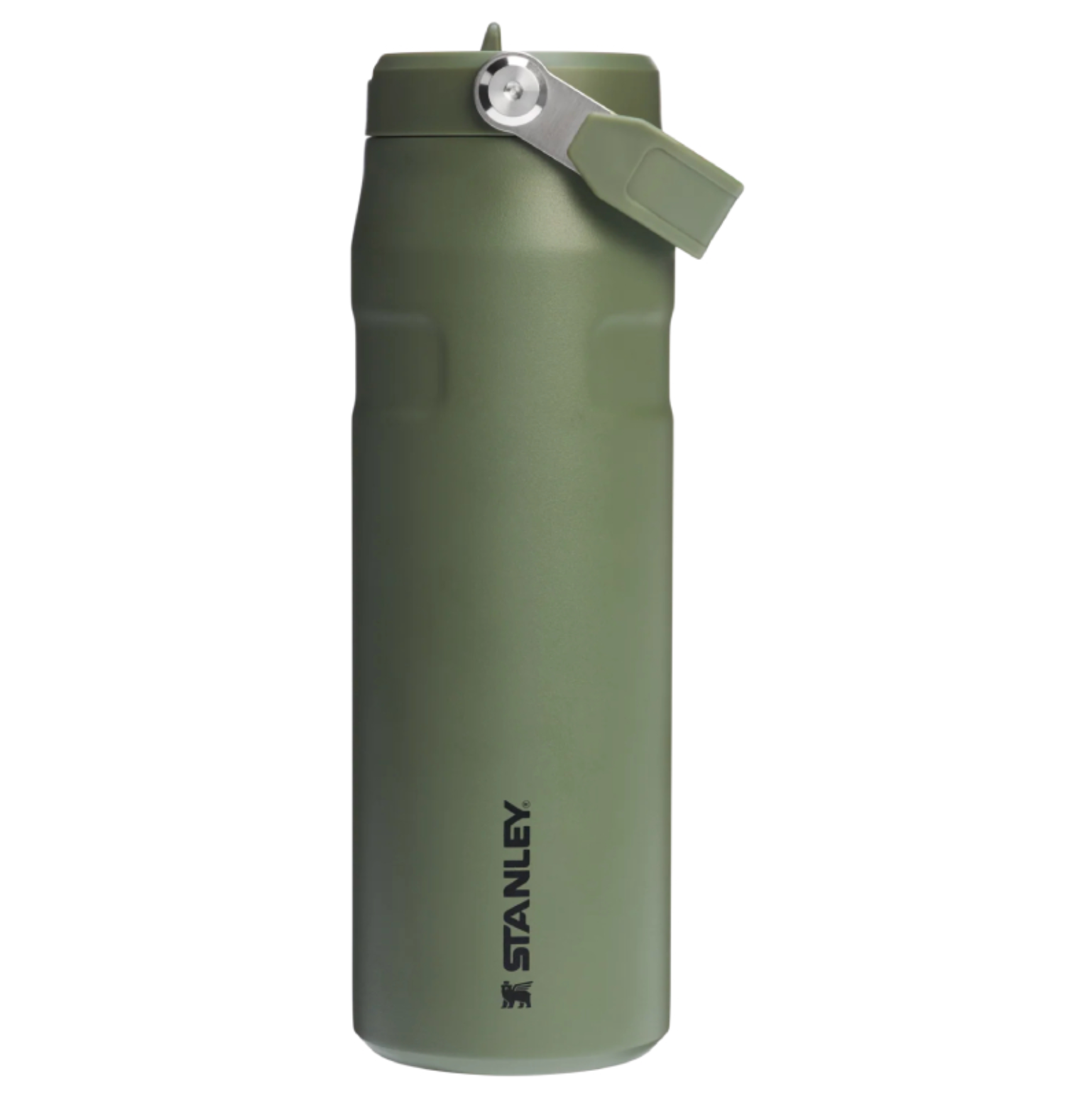 Green Stanley water bottle on a white background