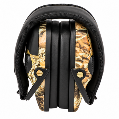Tacband camouflage electronic hearing protection earmuffs in folded position
