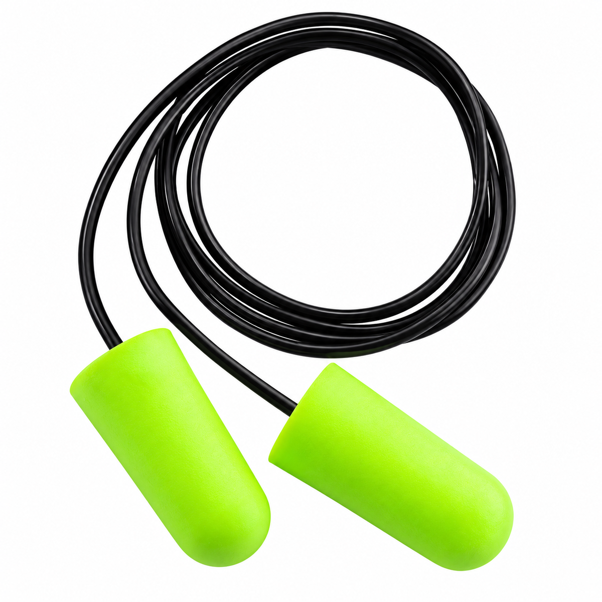 Würth lime green disposable ear plugs connected by a black safety cord